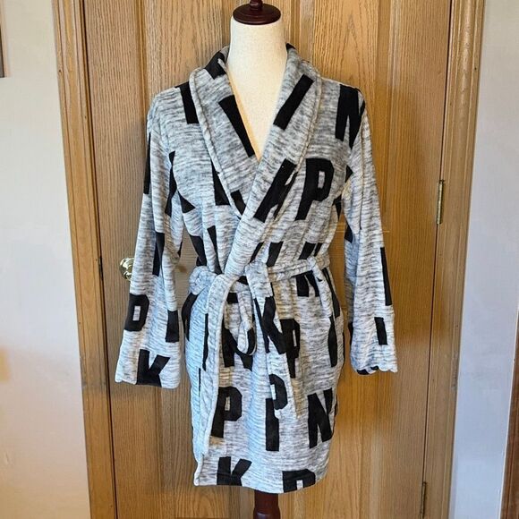 PINK Victoria’s Secret Gray Black Soft Bath Robe XS - Picture 2 of 5